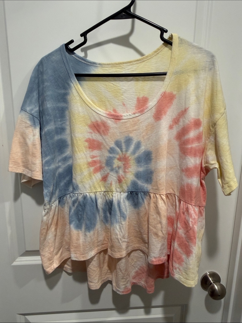 Tie-Dye Short Sleeve Peplum Top Blue, Pink & Yellow